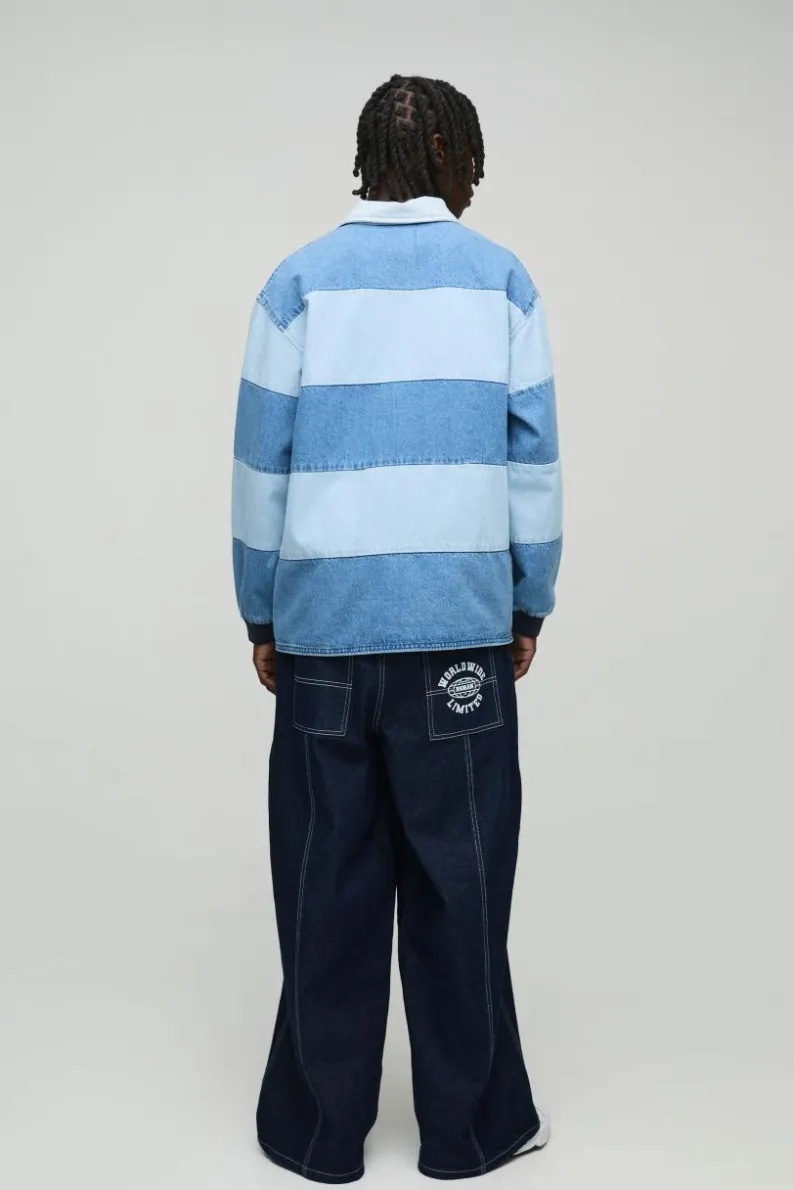 Store boohooMAN Oversized Denim Rugby Shirt light blue