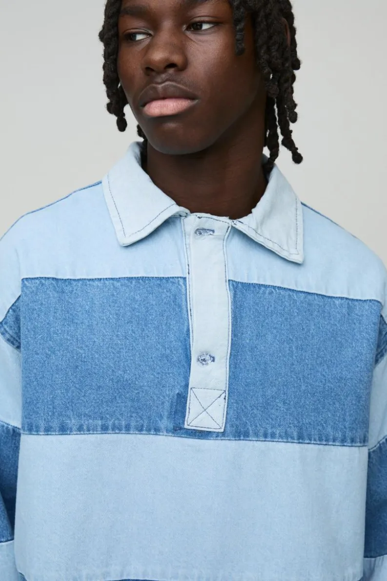 Store boohooMAN Oversized Denim Rugby Shirt light blue