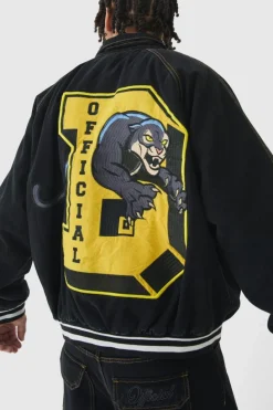 Clearance boohooMAN Oversized Denim Varsity Applique Bomber Jacket true black