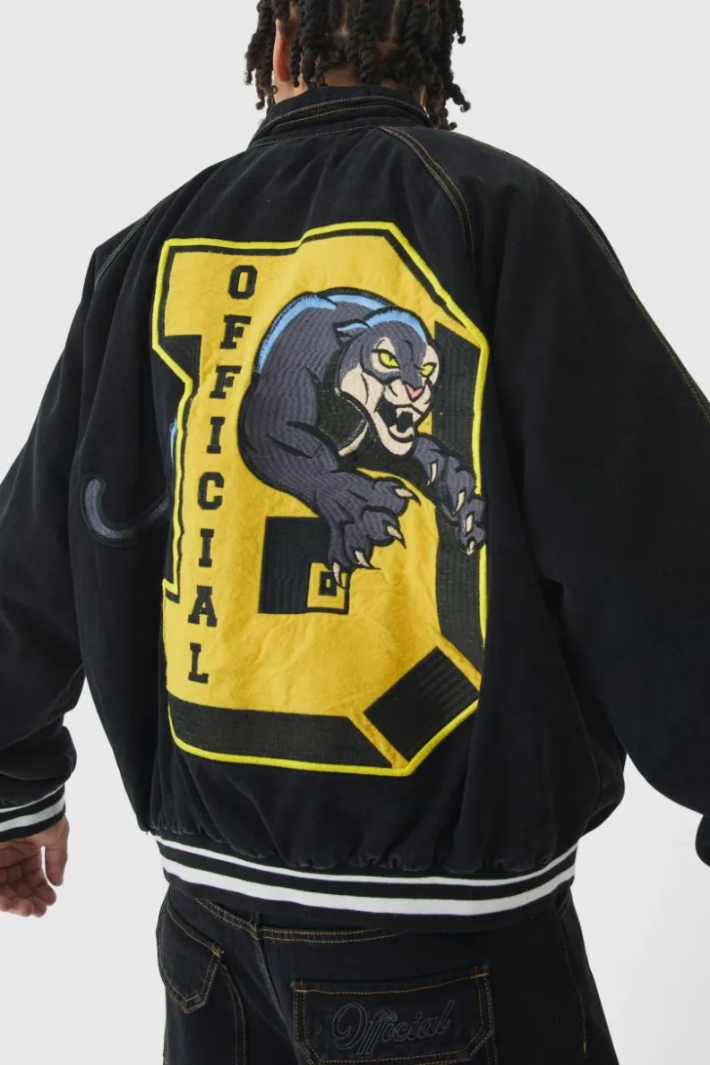 Clearance boohooMAN Oversized Denim Varsity Applique Bomber Jacket true black