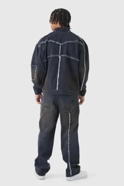 Cheap boohooMAN Oversized Dirty Wash Carpenter Denim Biker Jacket washed black