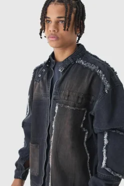 Cheap boohooMAN Oversized Dirty Wash Carpenter Denim Biker Jacket washed black