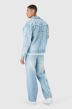 Online boohooMAN Oversized Dirty Wash Carpenter Denim Biker Jacket light blue