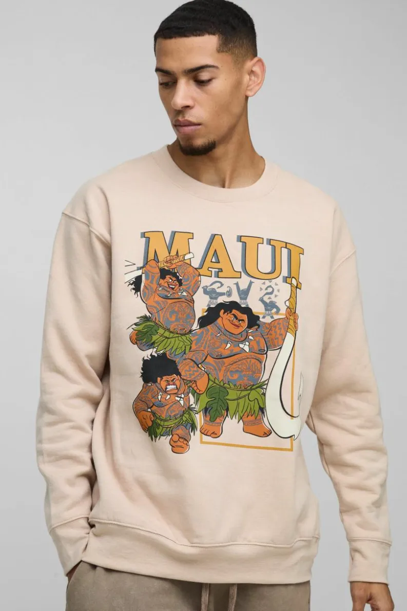 Fashion boohooMAN Oversized Disney Maui License Print Sweatshirt sand