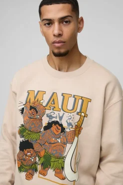 Fashion boohooMAN Oversized Disney Maui License Print Sweatshirt sand