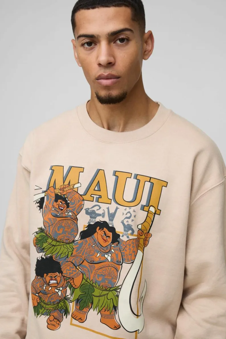 Fashion boohooMAN Oversized Disney Maui License Print Sweatshirt sand