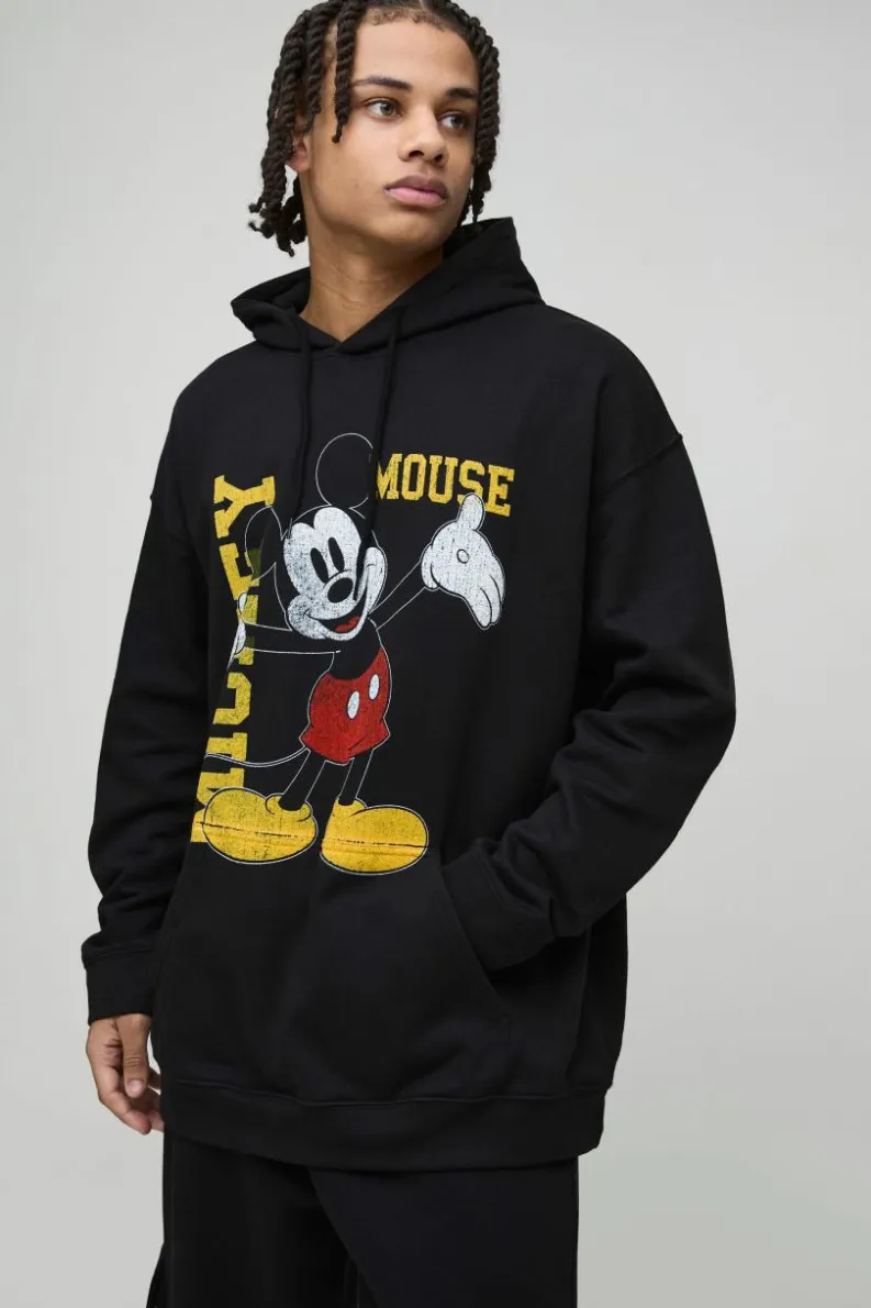 Store boohooMAN Oversized Disney Mickey Mouse License Print Hoodie black
