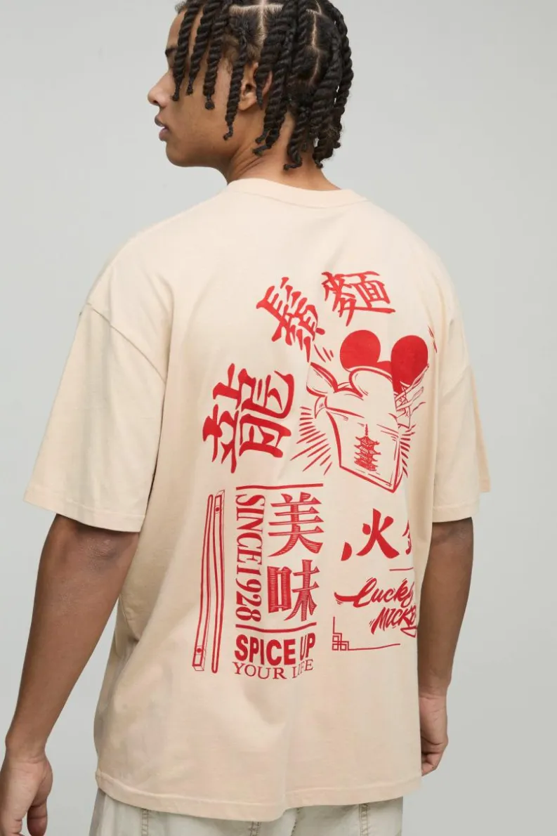 Discount boohooMAN Oversized Disney Mickey Mouse Anime License T-Shirt sand