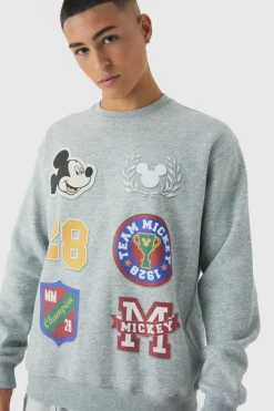 Best boohooMAN Oversized Disney Mickey Mouse Varsity License Print Sweatshirt grey marl