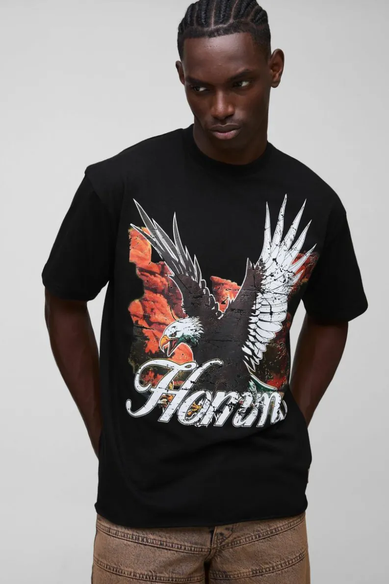 Best Sale boohooMAN Oversized Distressed Graphic T-Shirt With Woven Label black