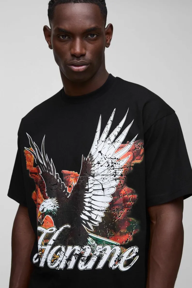 Best Sale boohooMAN Oversized Distressed Graphic T-Shirt With Woven Label black