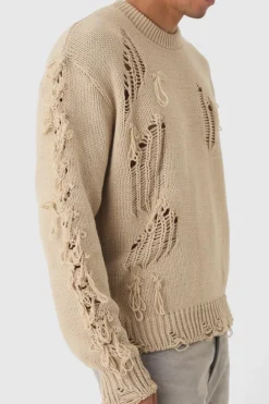 Cheap boohooMAN Oversized Distressed Sleeve Knitted Jumper stone