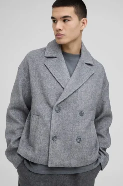 Cheap boohooMAN Oversized Double Breasted Cropped Overcoat In black