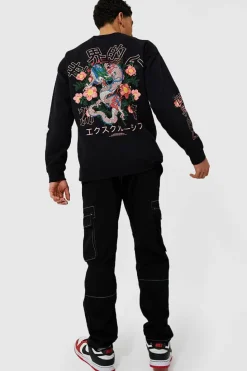 Shop boohooMAN Oversized Dragon Floral Graphic Sweatshirt black