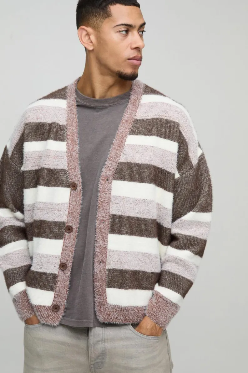 Cheap boohooMAN Oversized Dropped Shoulder Brushed Stripe Knitted Cardigan brown