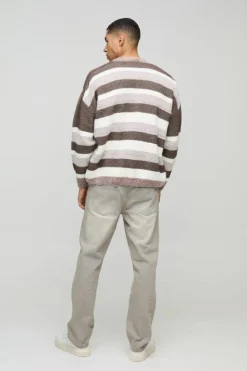 Cheap boohooMAN Oversized Dropped Shoulder Brushed Stripe Knitted Cardigan brown