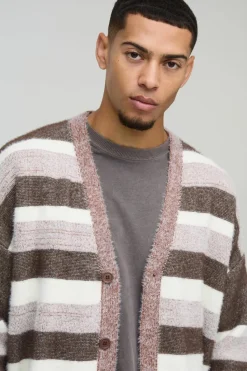 Cheap boohooMAN Oversized Dropped Shoulder Brushed Stripe Knitted Cardigan brown
