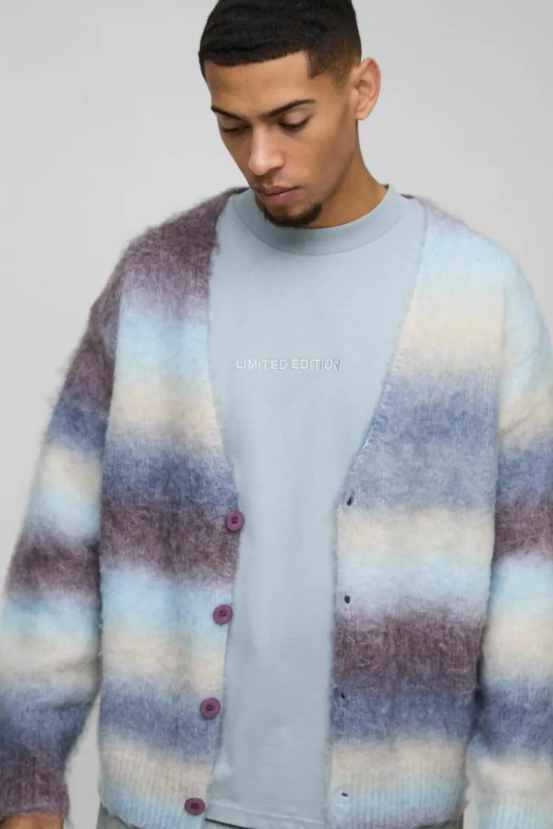 Clearance boohooMAN Oversized Dropped Shoulder Brushed Stripe Knitted Cardigan brown
