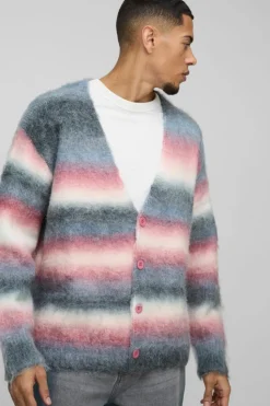 New boohooMAN Oversized Dropped Shoulder Brushed Stripe Knitted Cardigan purple