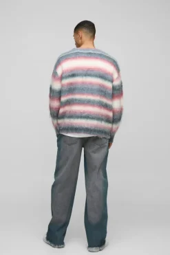 New boohooMAN Oversized Dropped Shoulder Brushed Stripe Knitted Cardigan purple