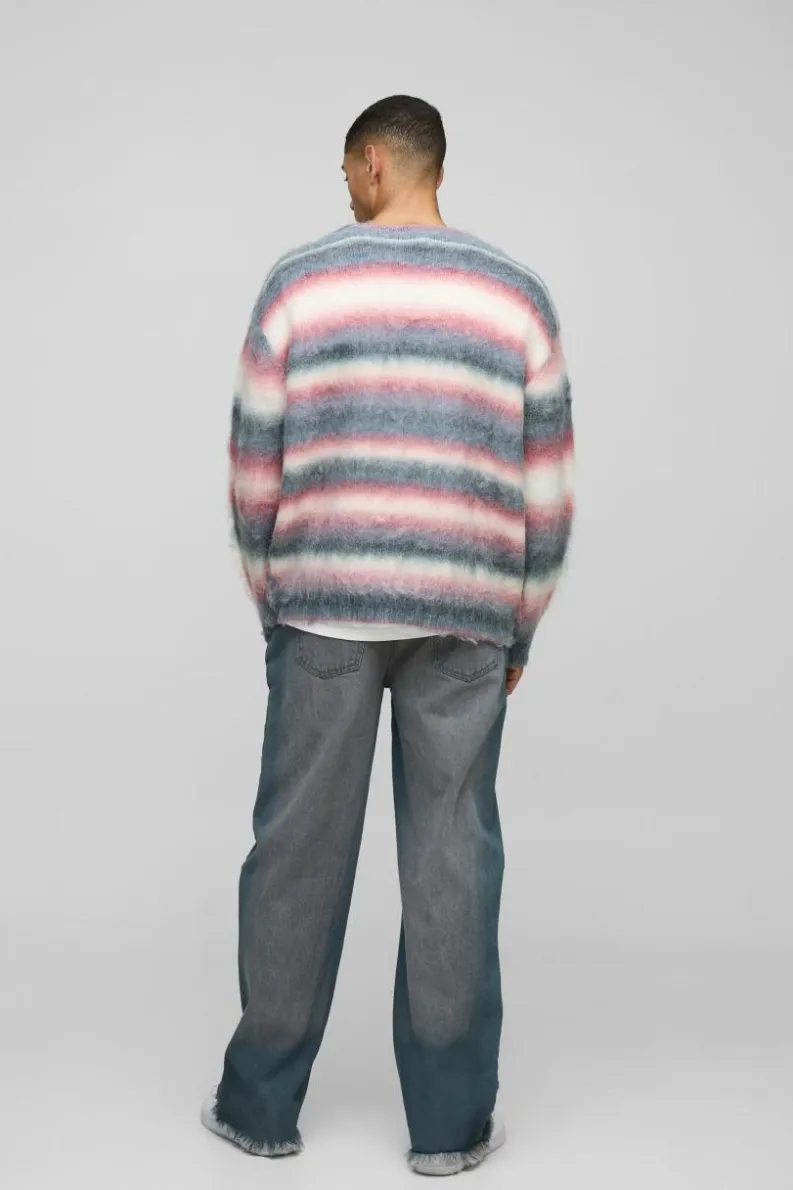 New boohooMAN Oversized Dropped Shoulder Brushed Stripe Knitted Cardigan purple