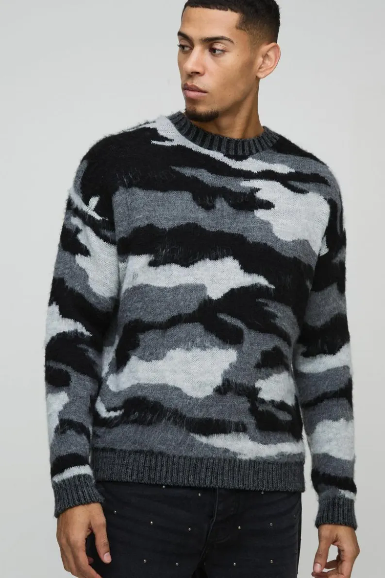 Online boohooMAN Oversized Dropped Shoulder Camo Brushed Knit Jumper black