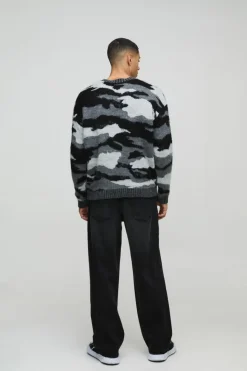 Online boohooMAN Oversized Dropped Shoulder Camo Brushed Knit Jumper black
