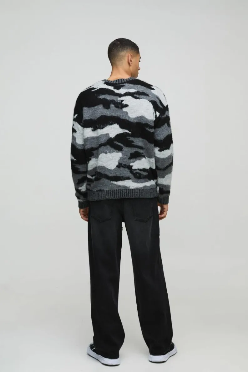 Online boohooMAN Oversized Dropped Shoulder Camo Brushed Knit Jumper black