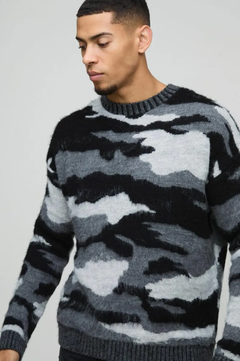 Online boohooMAN Oversized Dropped Shoulder Camo Brushed Knit Jumper black