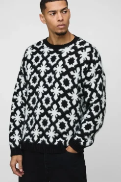 Store boohooMAN Oversized Dropped Shoulder Jacquard Brushed Knit Jumper black