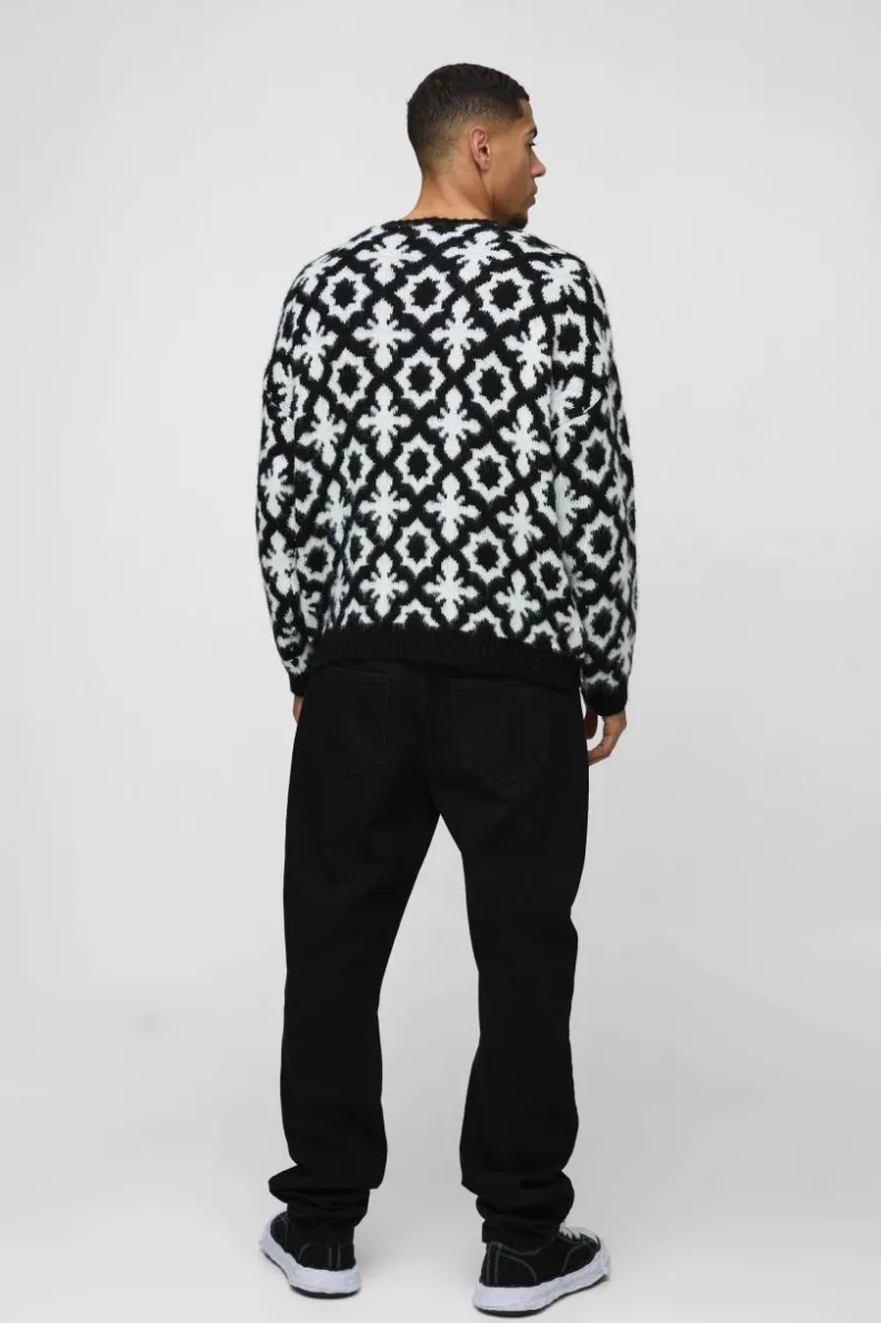 Store boohooMAN Oversized Dropped Shoulder Jacquard Brushed Knit Jumper black