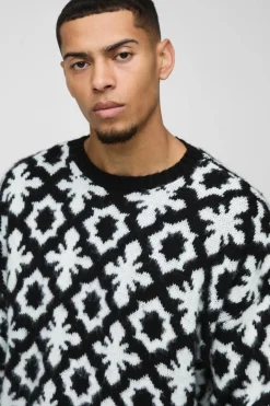 Store boohooMAN Oversized Dropped Shoulder Jacquard Brushed Knit Jumper black