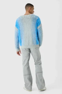 Hot boohooMAN Oversized Drop Shoulder Dip Dye Stripe Knitted Jumper light blue