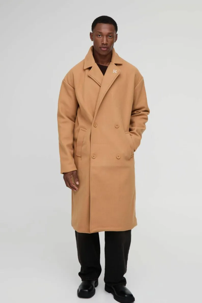 Hot boohooMAN Oversized Drop Shoulder Double Breasted Overcoat In camel
