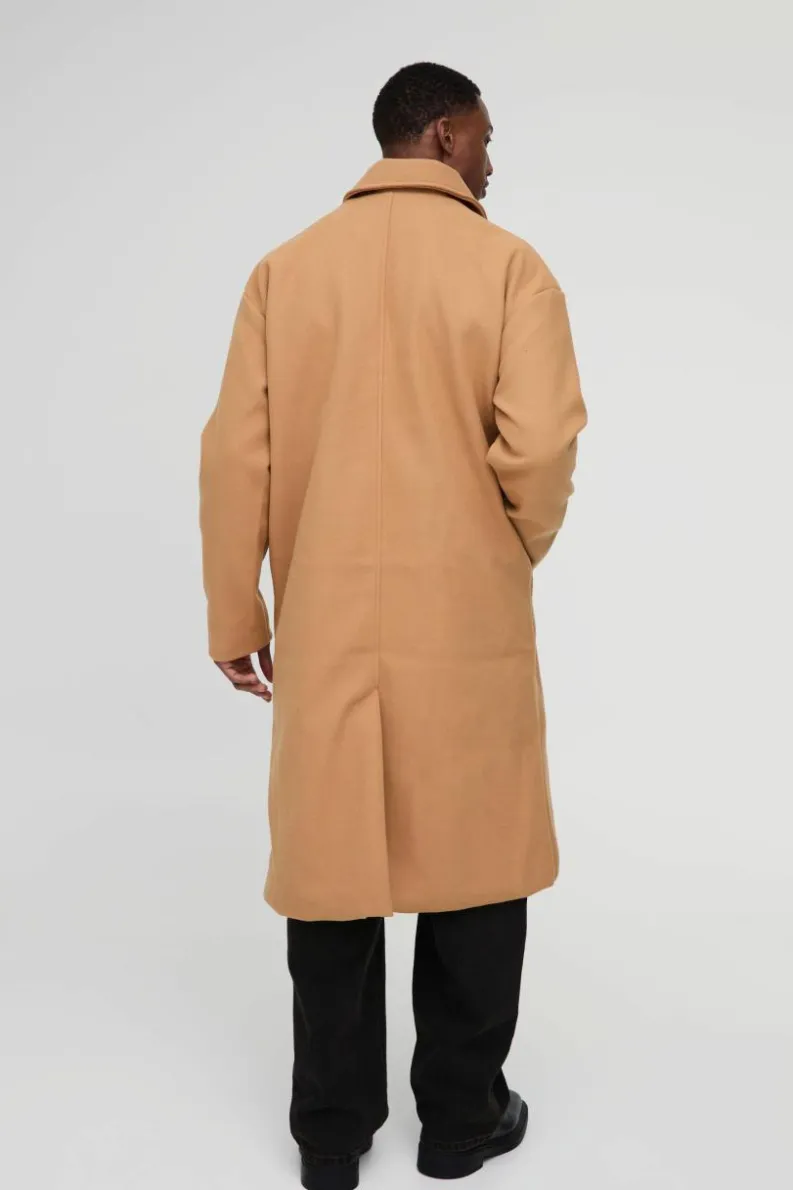 Hot boohooMAN Oversized Drop Shoulder Double Breasted Overcoat In camel