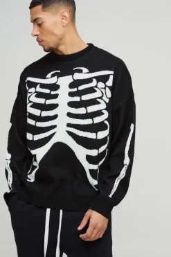 Clearance boohooMAN Oversized Drop Shoulder Skeleton Print Knitted Jumper black