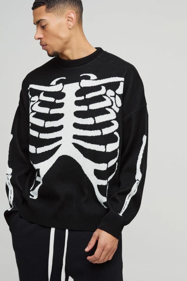 Clearance boohooMAN Oversized Drop Shoulder Skeleton Print Knitted Jumper black