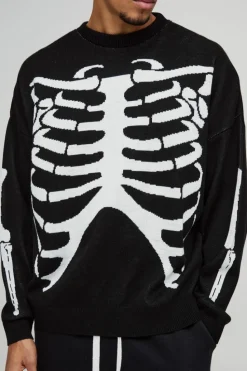 Clearance boohooMAN Oversized Drop Shoulder Skeleton Print Knitted Jumper black