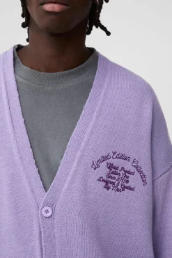 Shop boohooMAN Oversized Drop Shoulder Varsity Applique Knitted Cardigan purple