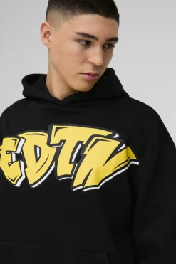 Best boohooMAN Oversized Edition Graffiti Print Hoodie black