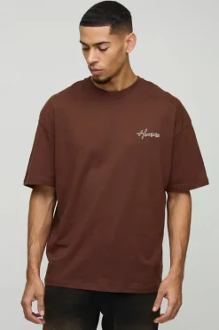 Sale boohooMAN Oversized Embroidered Homme T-Shirt chocolate