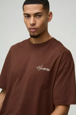 Sale boohooMAN Oversized Embroidered Homme T-Shirt chocolate