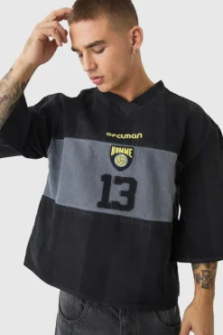Online boohooMAN Oversized Embroidery Football Denim T-Shirt washed black