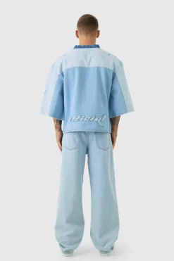 Cheap boohooMAN Oversized Embroidery Football Denim T-Shirt light blue