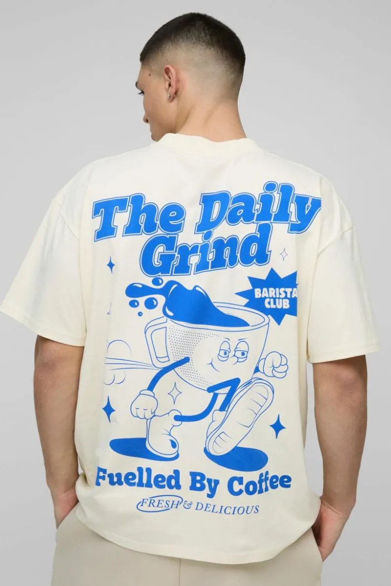 Fashion boohooMAN Oversized Extended Neck Daily Grind Cartoon Graphic T-Shirt ecru