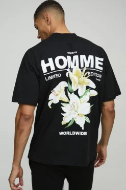 Shop boohooMAN Oversized Extended Neck Homme Lily Graphic T-Shirt black