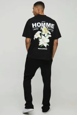 Shop boohooMAN Oversized Extended Neck Homme Lily Graphic T-Shirt black