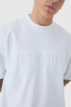 Sale boohooMAN Oversized Extended Neck Limited Edition Embossed T-Shirt white