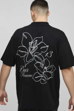 Flash Sale boohooMAN Oversized Extended Neck Line Drawn Floral Print T-Shirt black