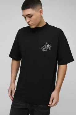 Flash Sale boohooMAN Oversized Extended Neck Line Drawn Floral Print T-Shirt black
